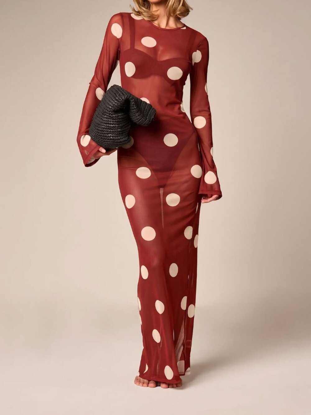 Red Elegant Women's Sheer Mesh Polka Dot Maxi Dress